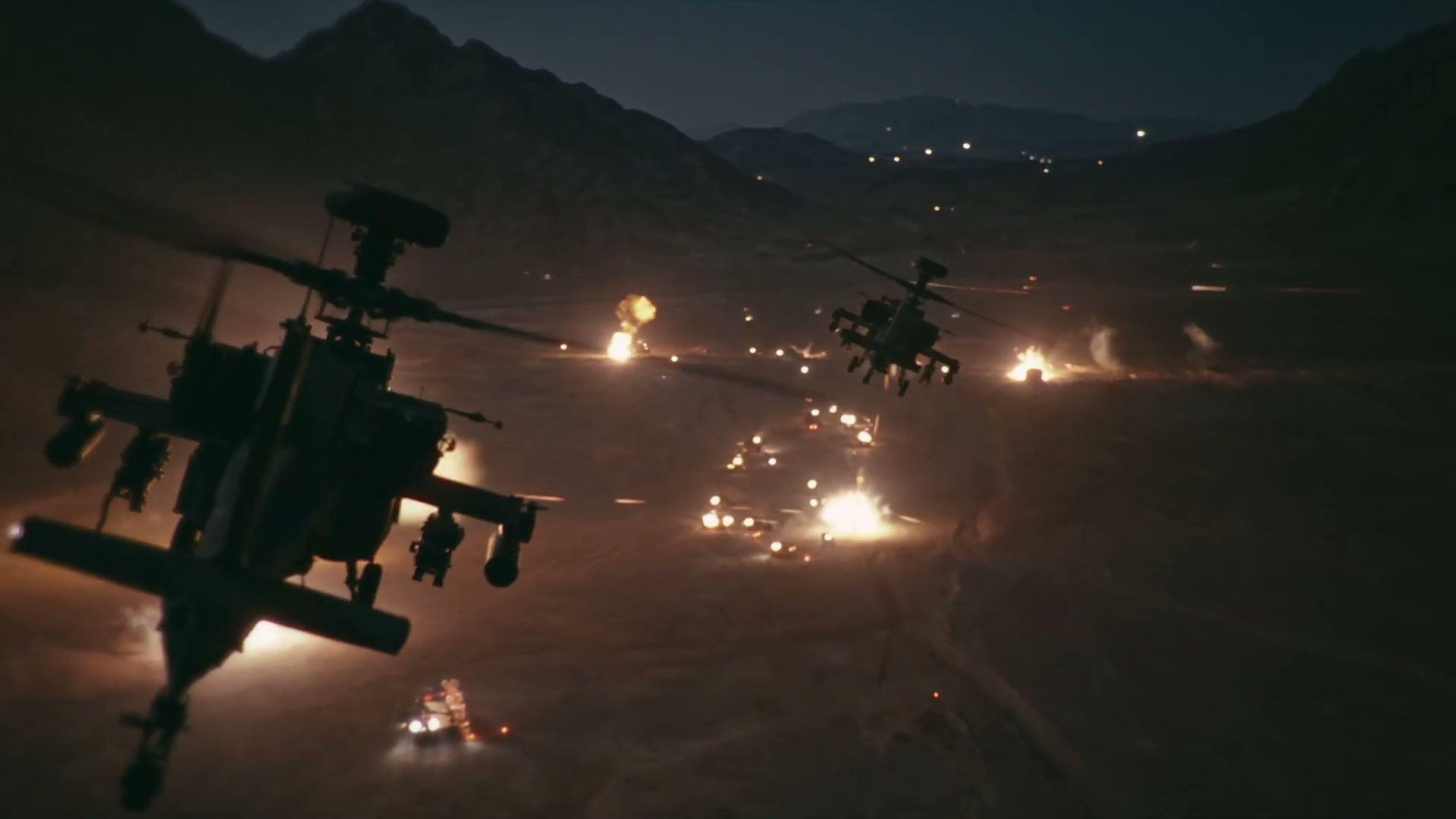 An Apache flight over a burning valley — production value that previously required a nine-figure budget.