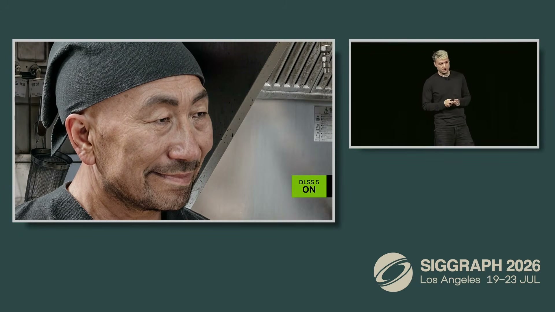 DLSS 5 ON: the generative pass adds subsurface scattering in the ears, contact shadows under the headwear, and eye reflections — while treating the rendered character as canon. Frame from NVIDIA's keynote stream.