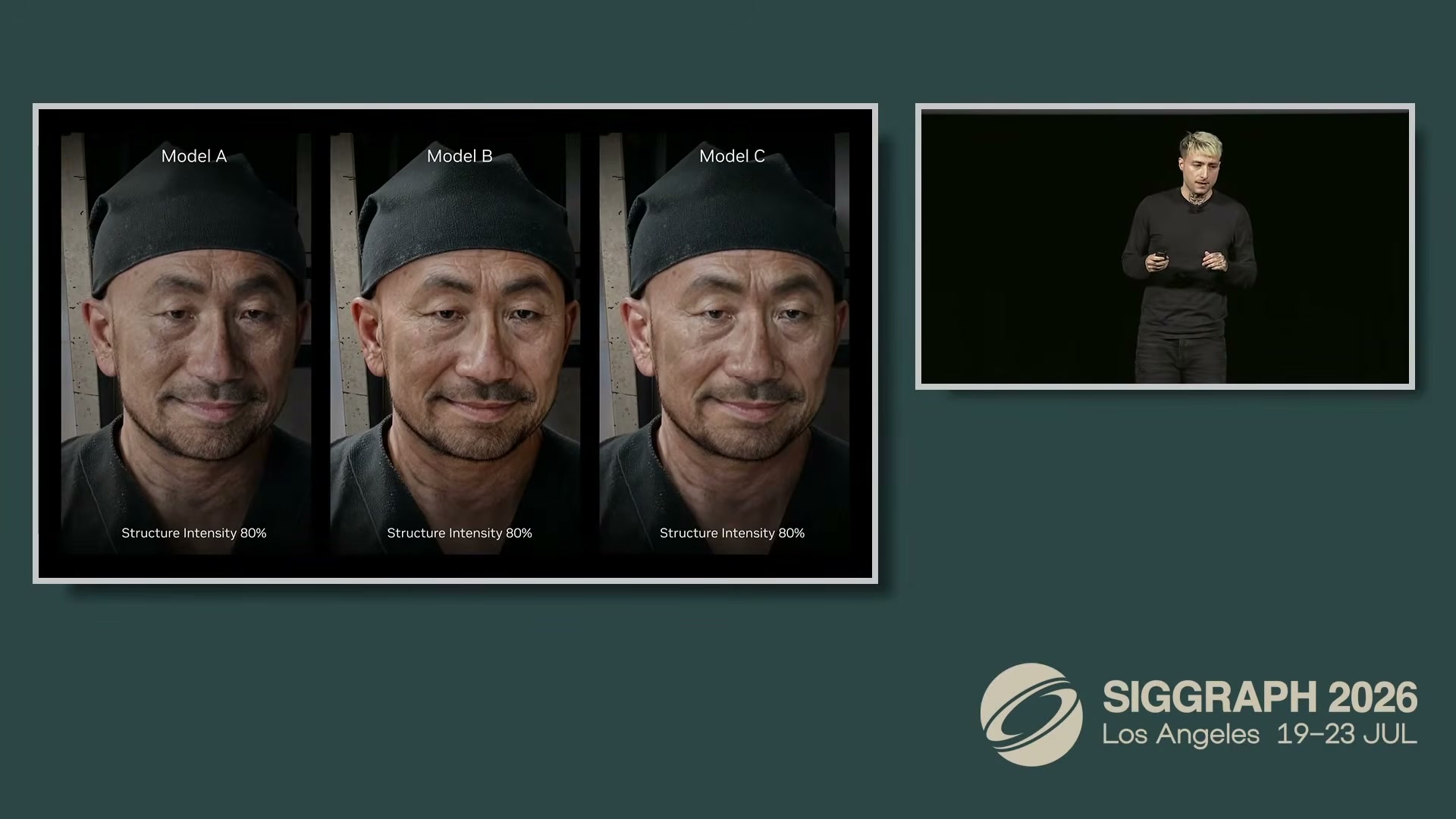 Three DLSS 5 models, one frame: Model A, B, and C each render a different learned look at identical 80% structure intensity. Pick per scene, mix and match.