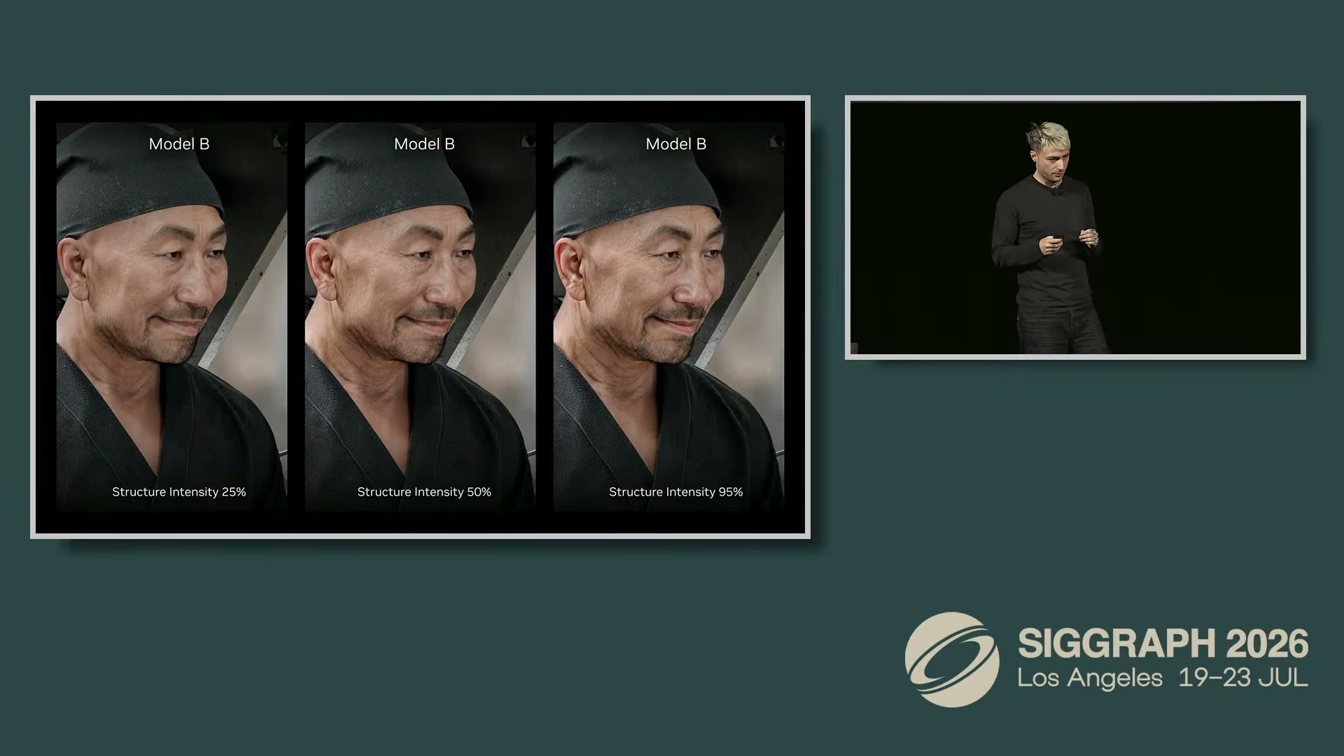 Same character, same model, structure intensity at 25%, 50%, and 95% — the dial between "close to the render" and "maximum uplift" belongs to the artist.