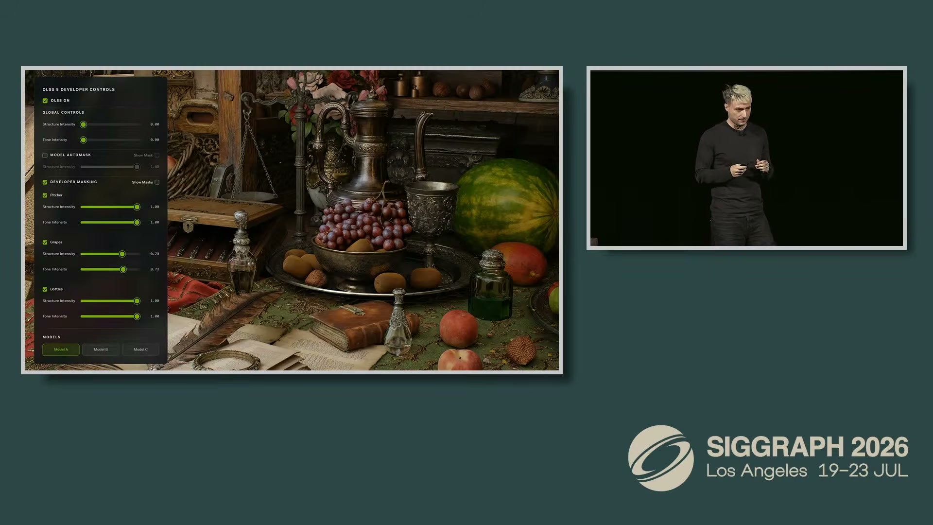 The DLSS 5 developer controls, live on stage: engine-side masks give the pitcher, grapes, and bottles independent structure and tone sliders, with Model A/B/C selectable below — per-object art direction of a generative model, in real time.