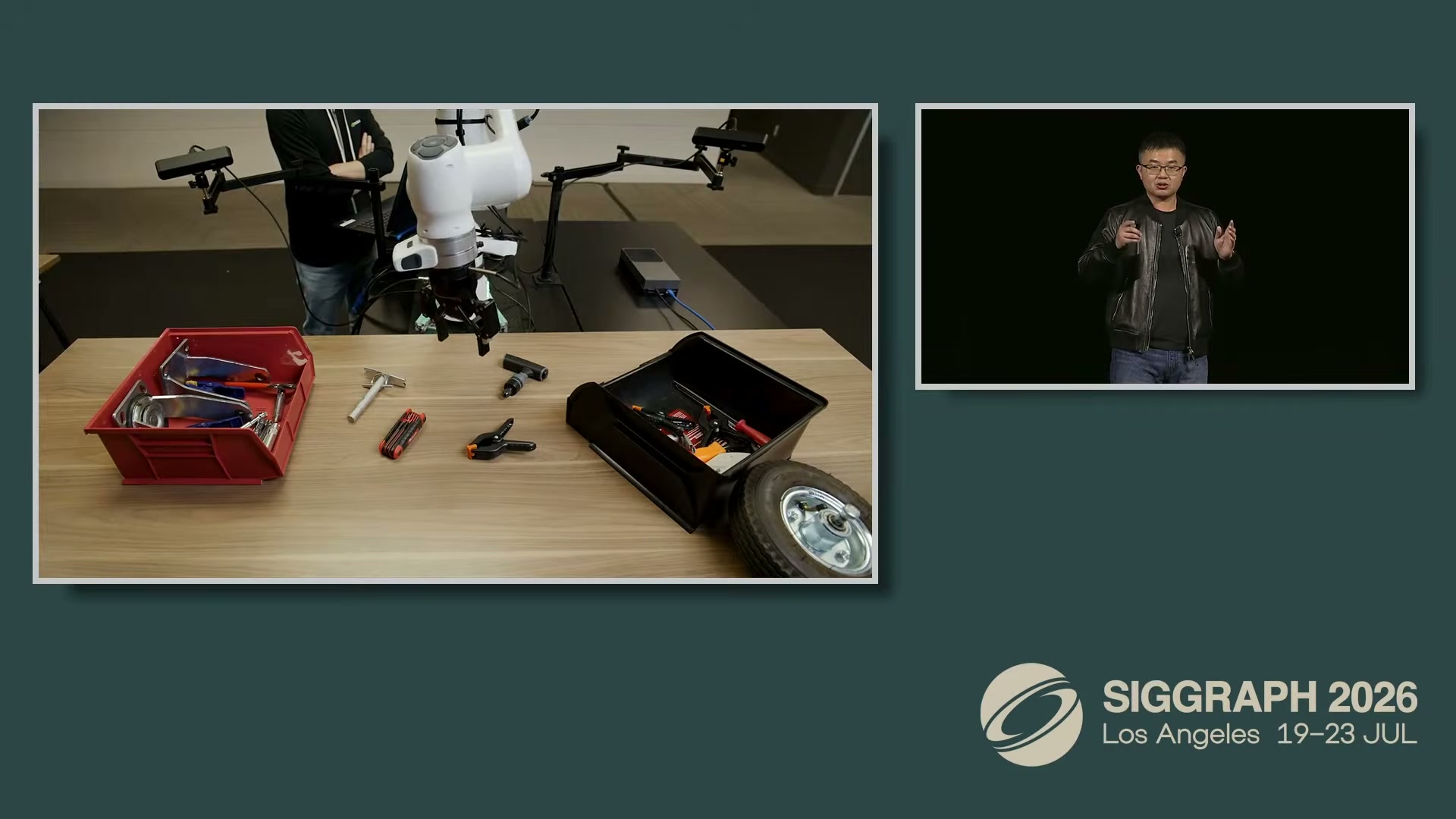 Live on stage: Cosmos 3 Edge drives a robot arm from a Jetson Thor — no data center round trip.
