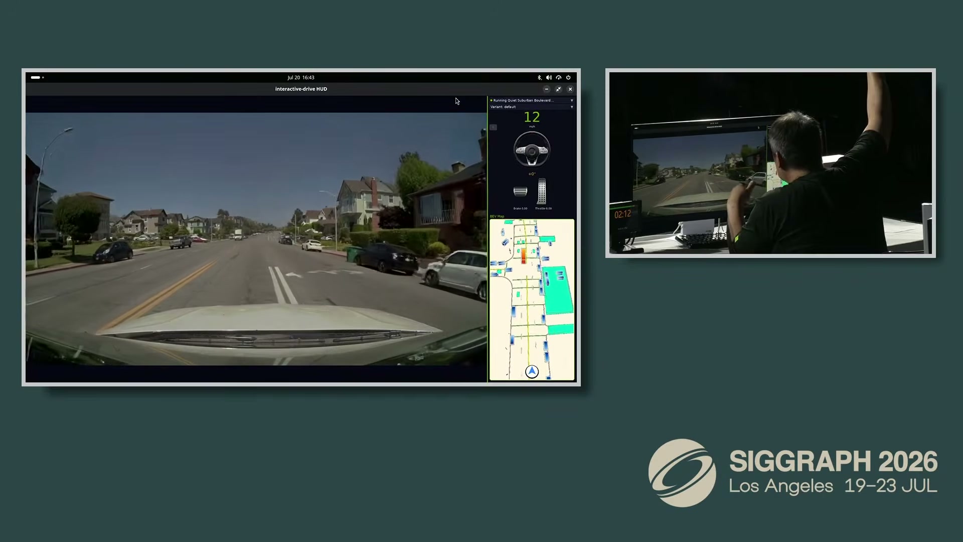 Cosmos Dreams live on stage: an entire drivable world generated from one frame — steering, throttle, and bird's-eye map responding to a PS4 controller, on a single RTX Pro 6000.