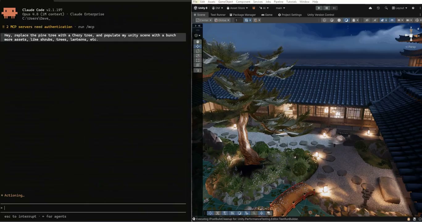 Unity's own launch video shows Claude Code — running Opus 4.8 — connected to the Editor, handling the prompt: "Hey, replace the pine tree with a Cherry tree, and populate my unity scene with a bunch more assets, like shrubs, trees, lanterns, etc."
