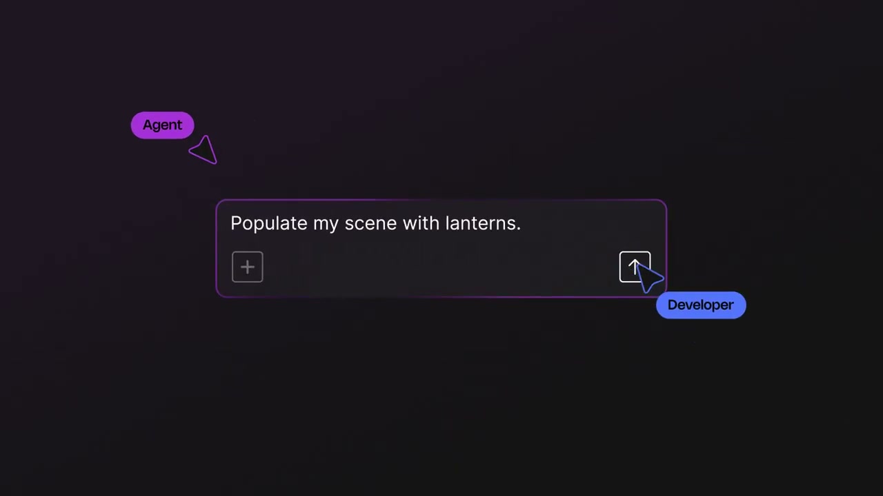 The production pipeline launch video makes the org chart explicit: an Agent cursor submits "Populate my scene with lanterns." next to the humans.