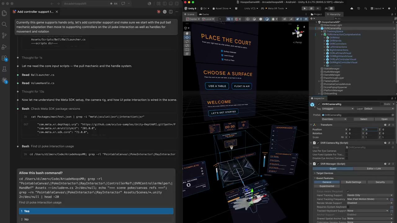 Meta's Quest Agentic Tools video: an agent reads the input scripts, checks Meta SDK package versions, and stages the work — inside a real Unity MR project.
