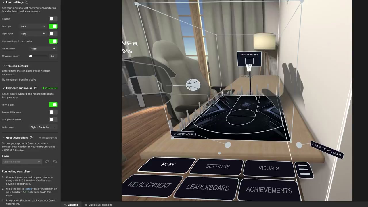 Validating agent-made changes in the Meta XR simulator — hand tracking on a mixed-reality arcade hoops game.