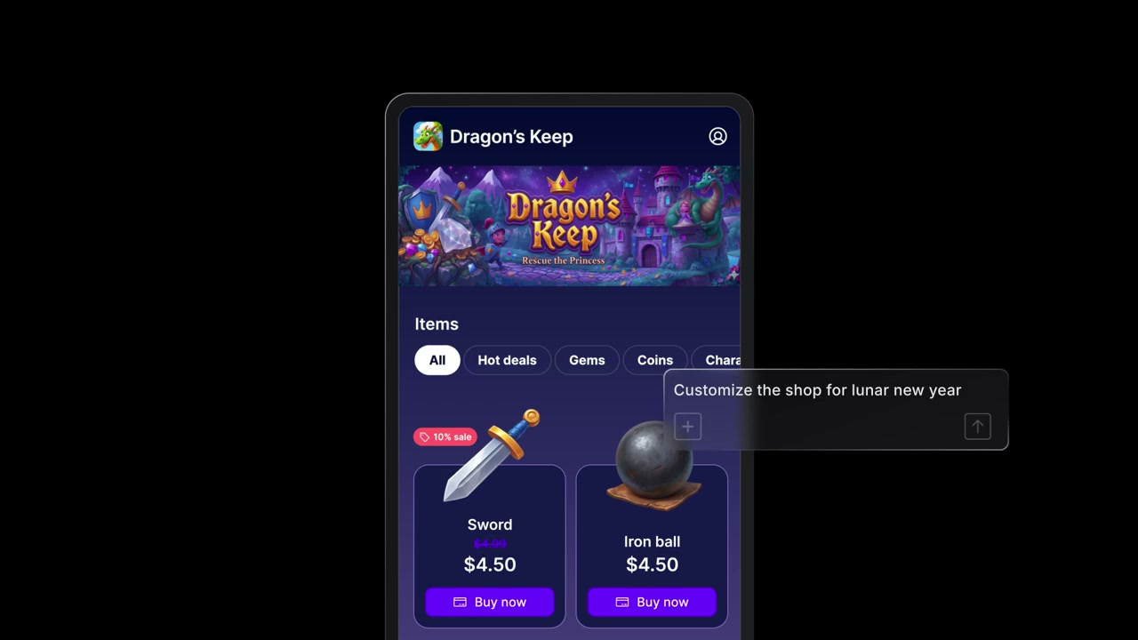 The no-code webshop restyles itself from a prompt — "Customize the shop for lunar new year" — in Unity's IAP 5.4 launch video.