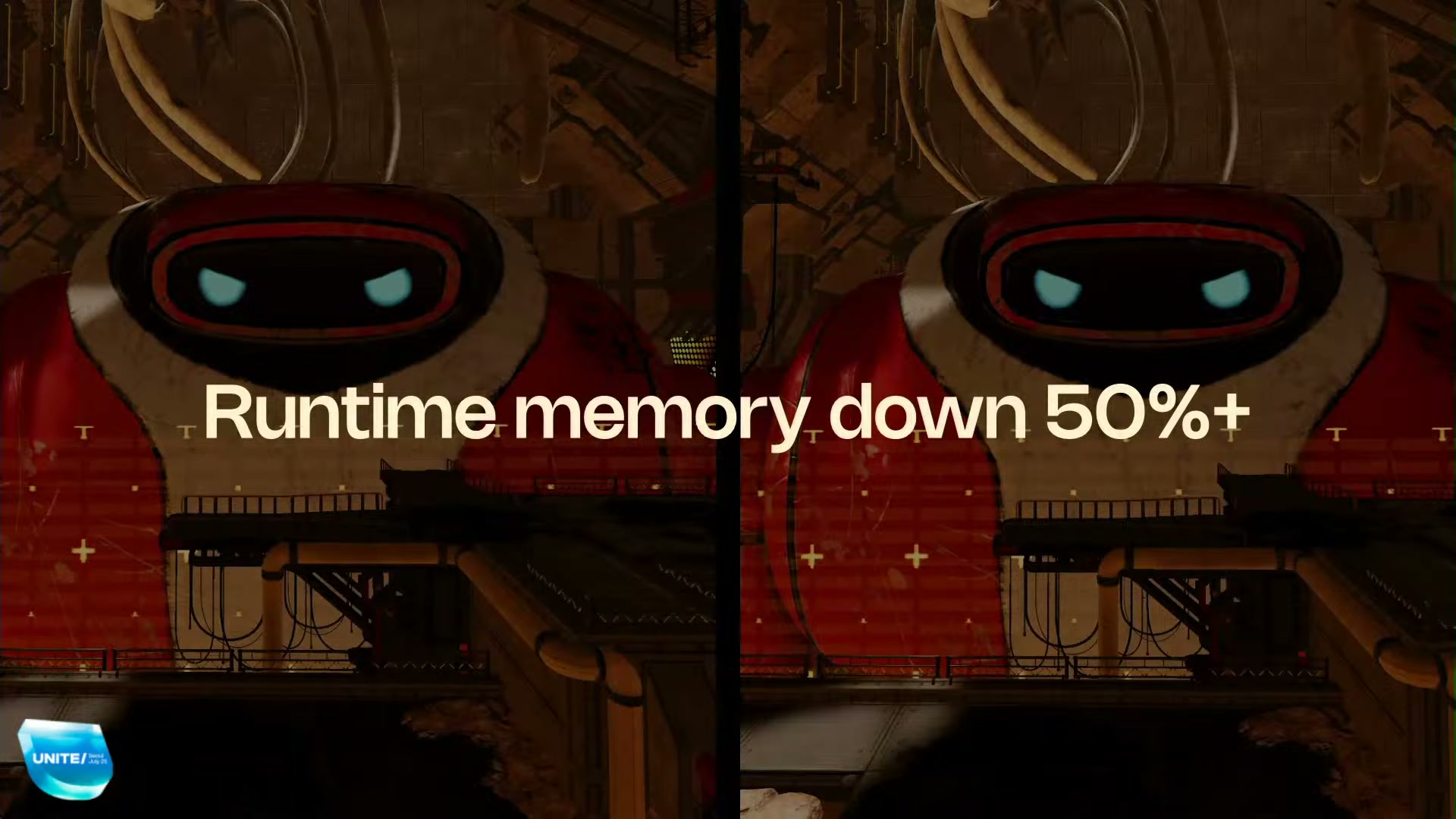 Neural texture compression on the keynote screen: the same scene side by side, "Runtime memory down 50%+," visually near-identical.
