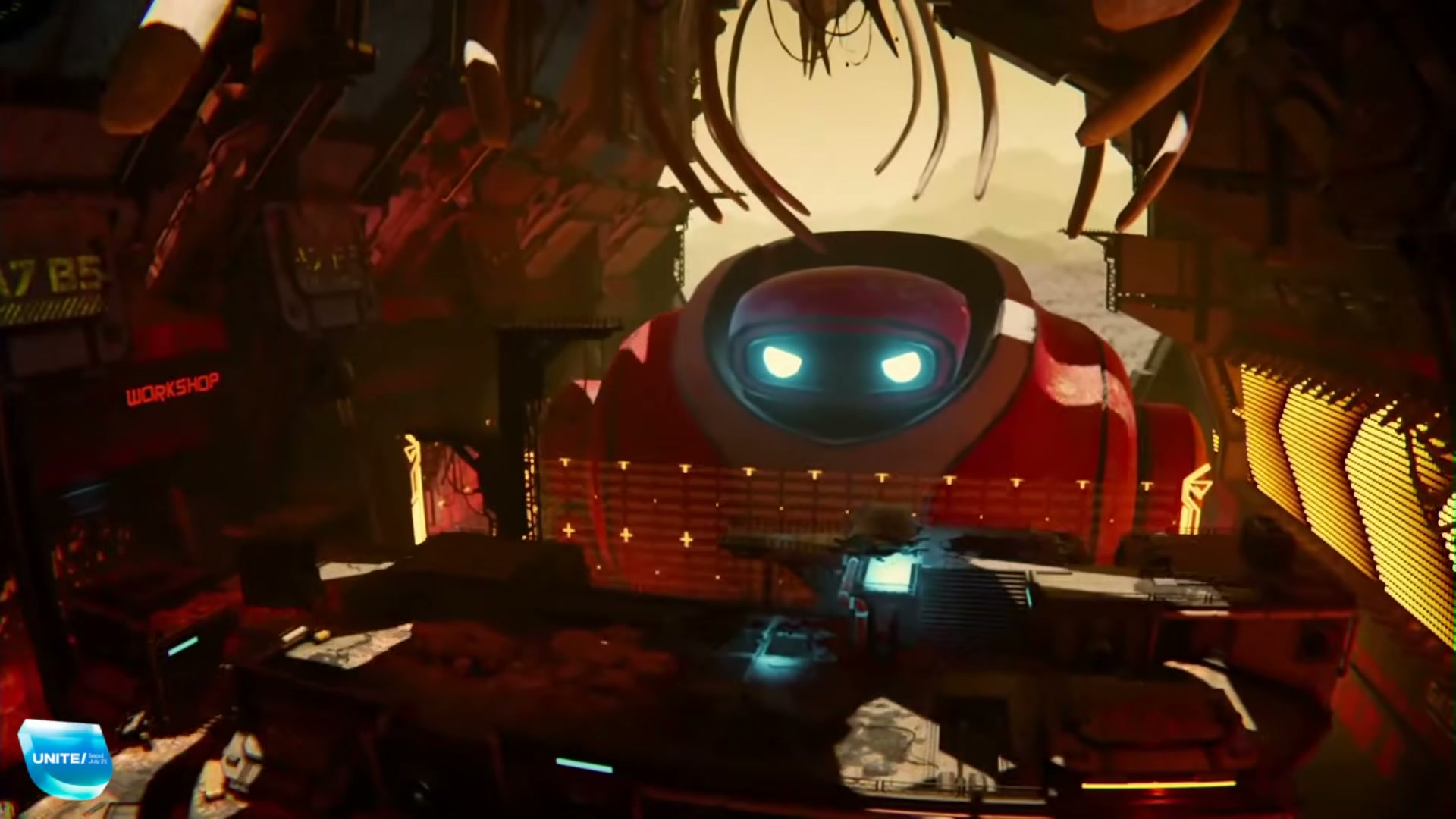 Sakura Rabbit's mecha repair hangar, lit entirely by Surface Cache GI in real time — no lightmaps, no bake. From the Unite Seoul keynote.