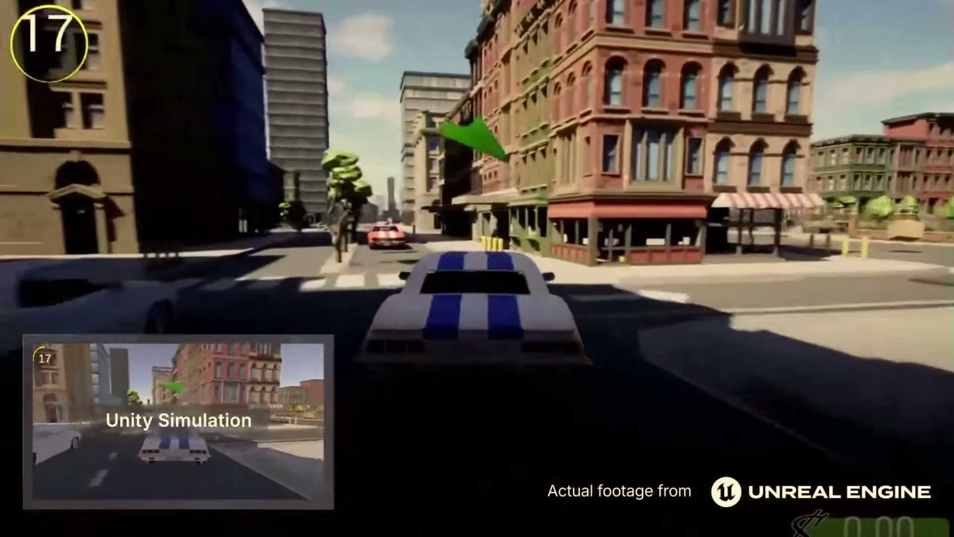 A Unity-simulated driving game rendering in Unreal Engine — "Unity Simulation" in the corner, "Actual footage from Unreal Engine" on screen — via the PolySpatial protocol.