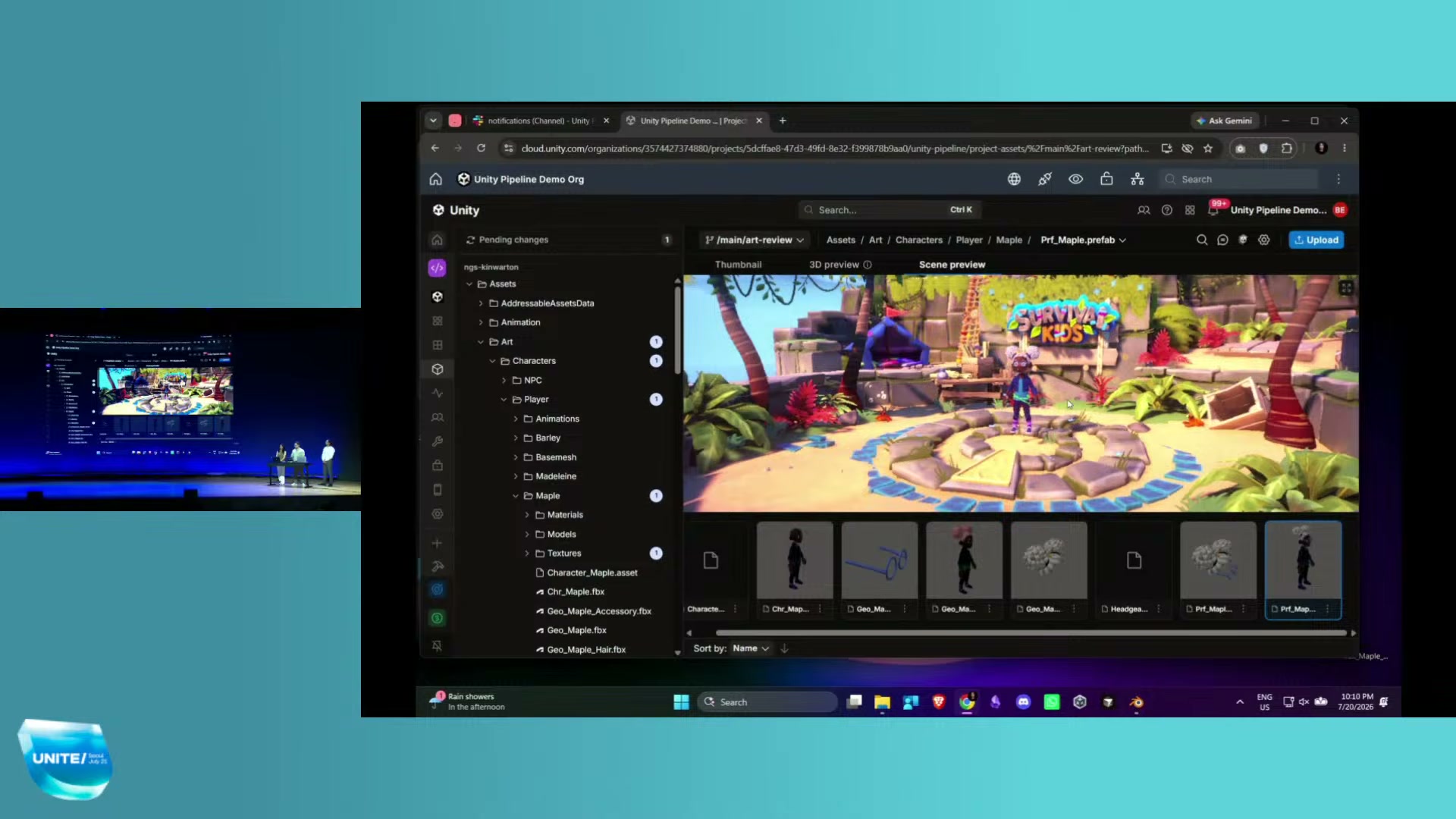 The new scene preview: a character asset reviewed in full game context — lighting, shaders, animation — in a browser tab, no Editor install. From the Unite Seoul live demo.
