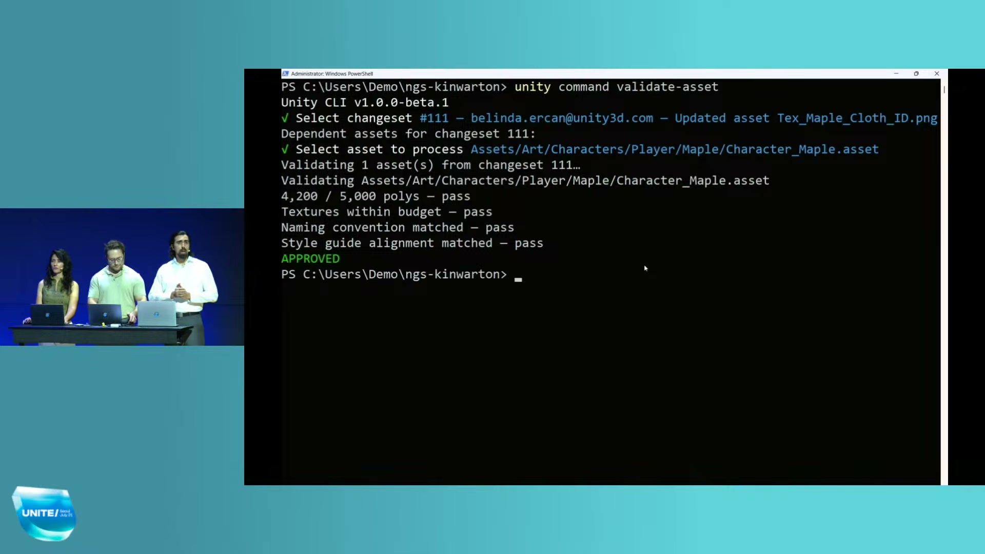 The live demo's `unity command validate-asset`: poly budget, textures, naming, and style-guide checks — APPROVED, from the terminal.